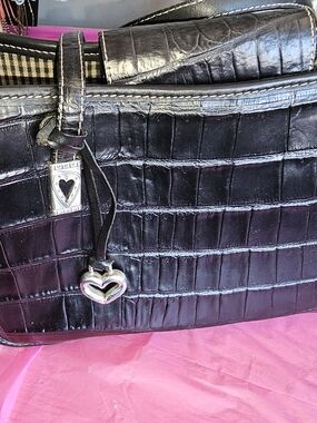 Brighton Black Croc-Embossed Leather Shoulder Bag with Heart Charm